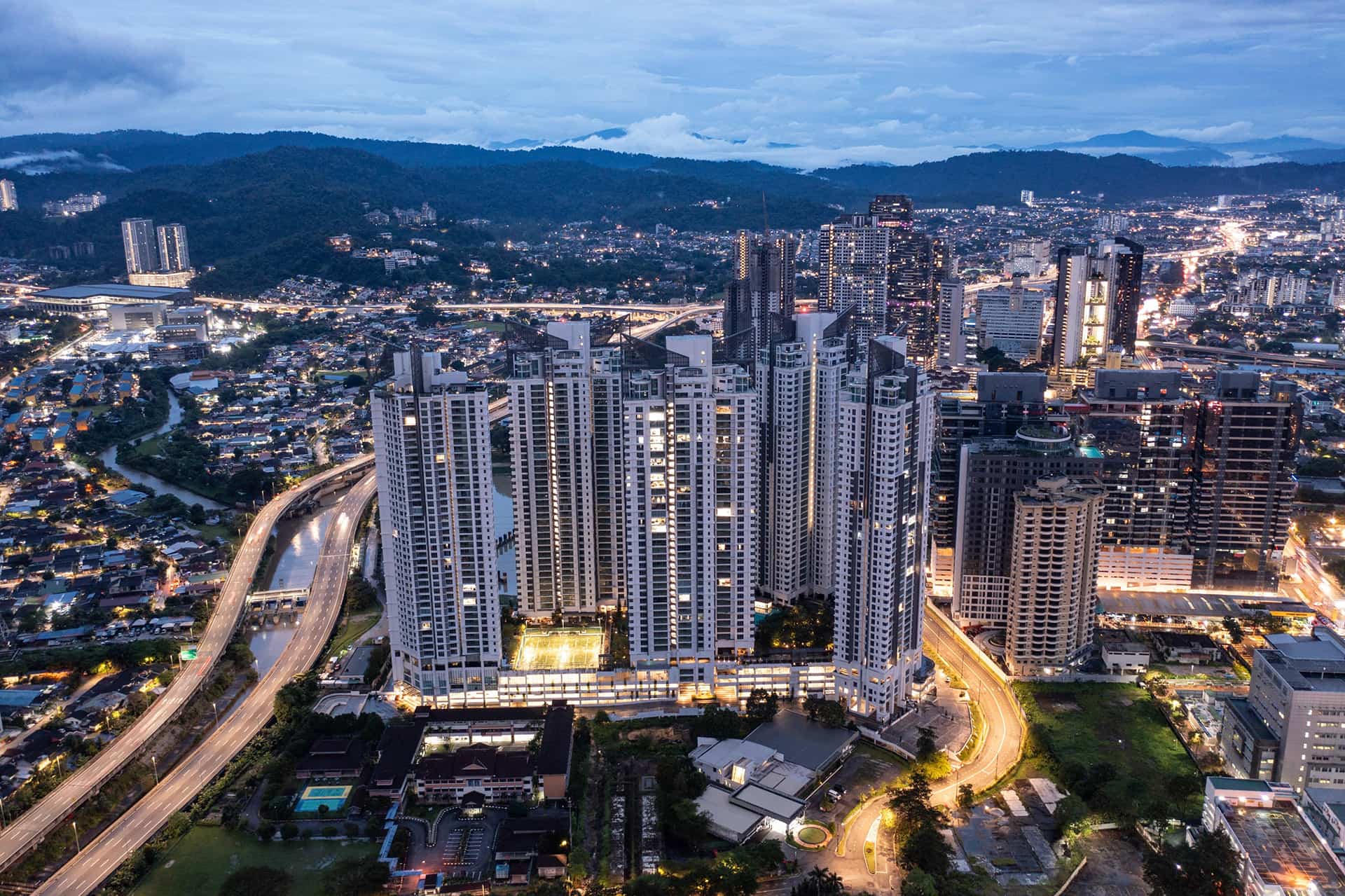 Aerial view of D'Rapport Residences / Cappella Embassy five towers on Embassy Row, Ampang Hilir, Kuala Lumpur
