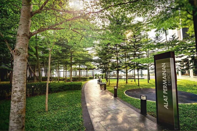 D'Rapport Residences landscaped podium garden with covered walkways and water features